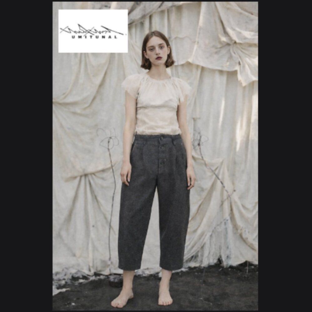 Umit Unal Pants Gray Wool Drop Crotch Trousers Slouchy Cropped Avant Garde Sz XL
